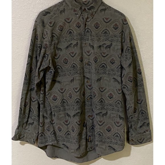 Woolrich Men's Large Sage Green Black Aztec Wolf Pattern Midweight Flannel Shirt - Picture 1 of 7